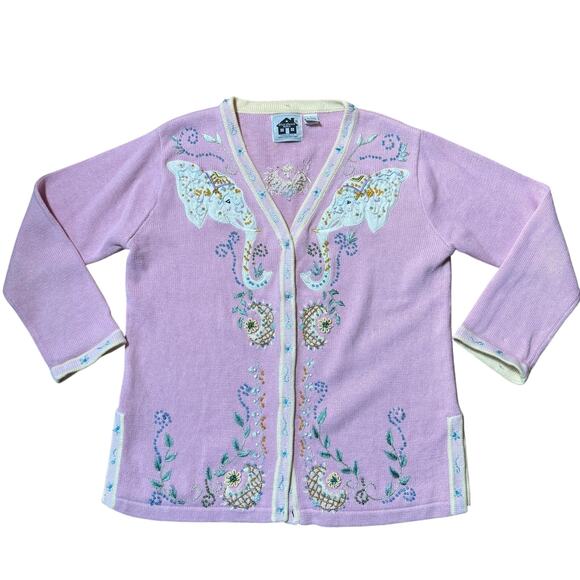 Storybook Knits Women Cardigan SZ L Pink Elephant Beaded Sequin Beaded Teacher - Picture 1 of 12
